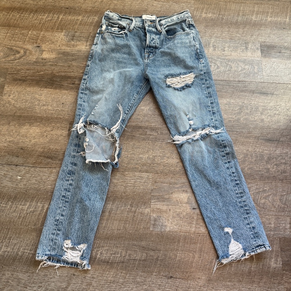 Frame Le Orginal Jeans High Rise Distressed Button Fly Cascade Blue Rips Size 25 - Picture 5 of 12